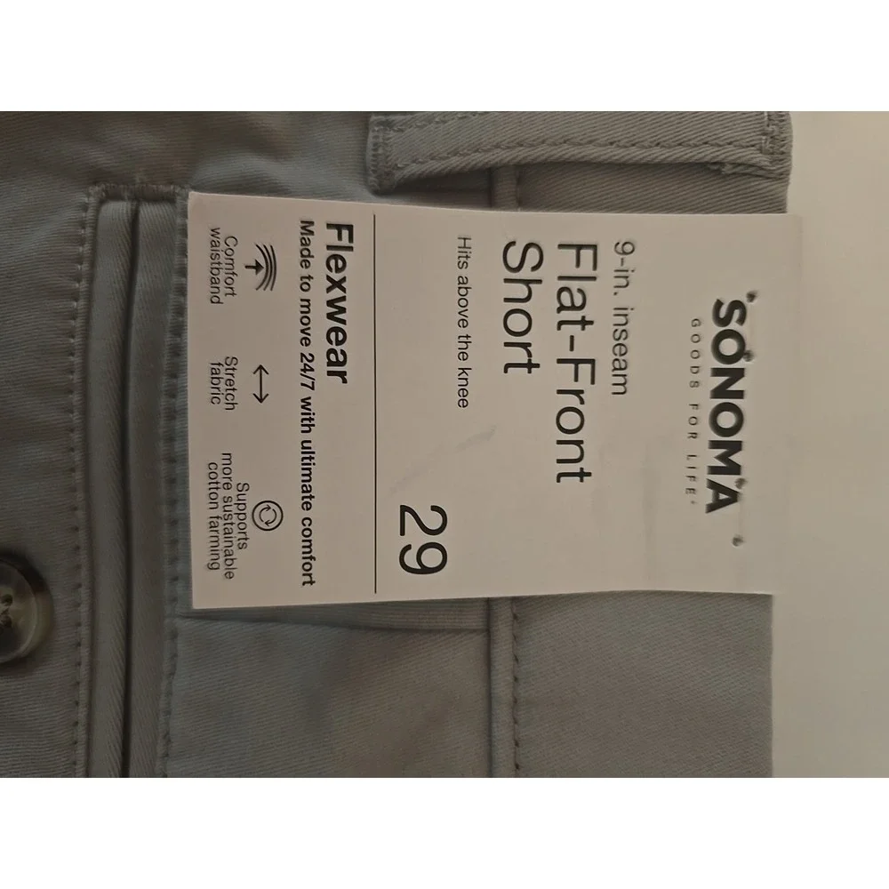 Sonoma Men's Flexwear Grey/Gray Flat Front Short Chinos 9 In Inseam Size 29 NWT